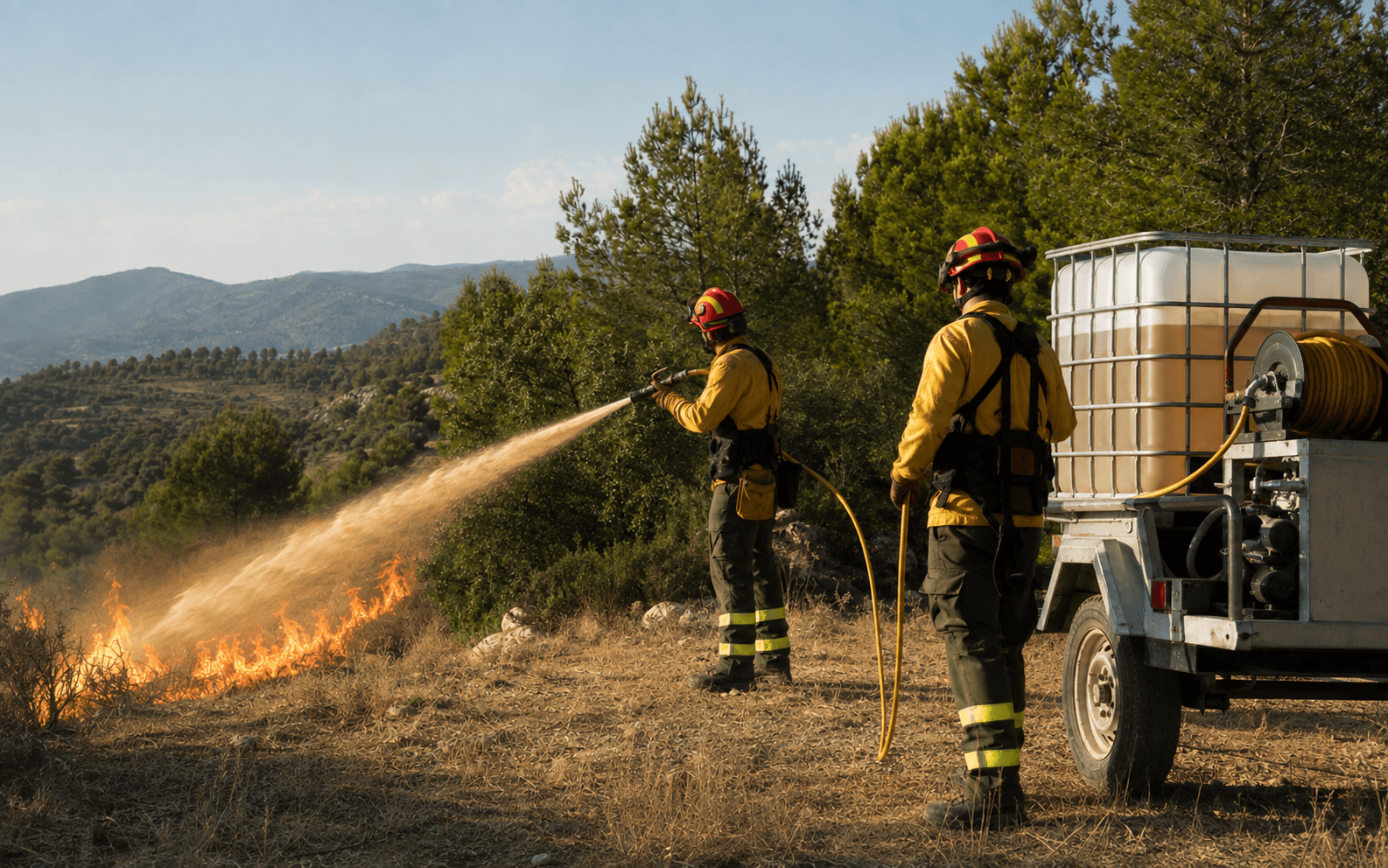 Demostración de aplicación directa con depósito móvil y fuego controlado.